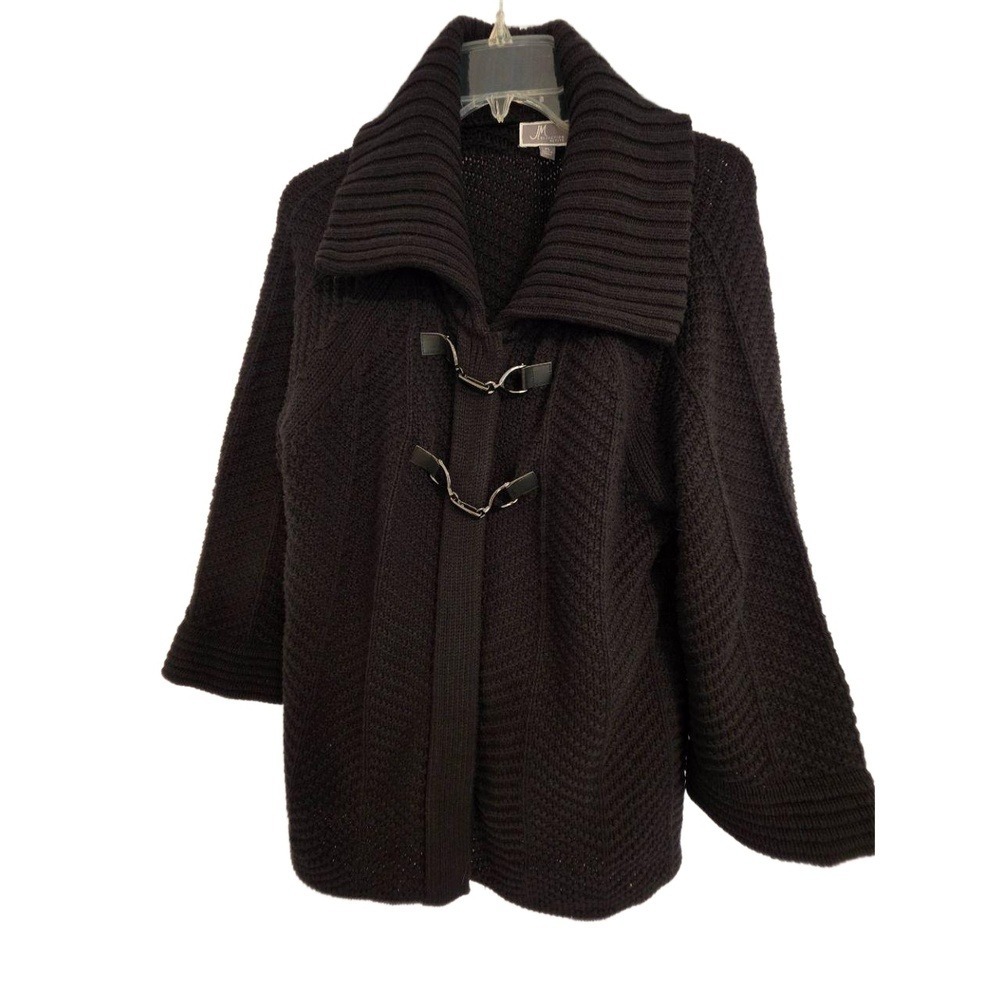 JM Collection Black Toggle Ribbed Collar Knit Open Cardigan Jacket PL - Picture 13 of 13